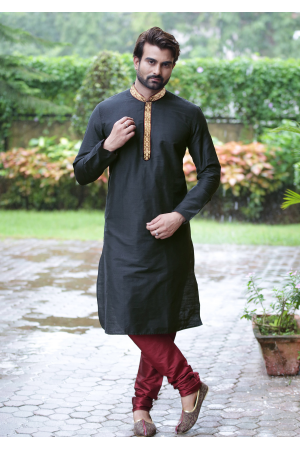 Black with Maroon Color Silk Kurta Set